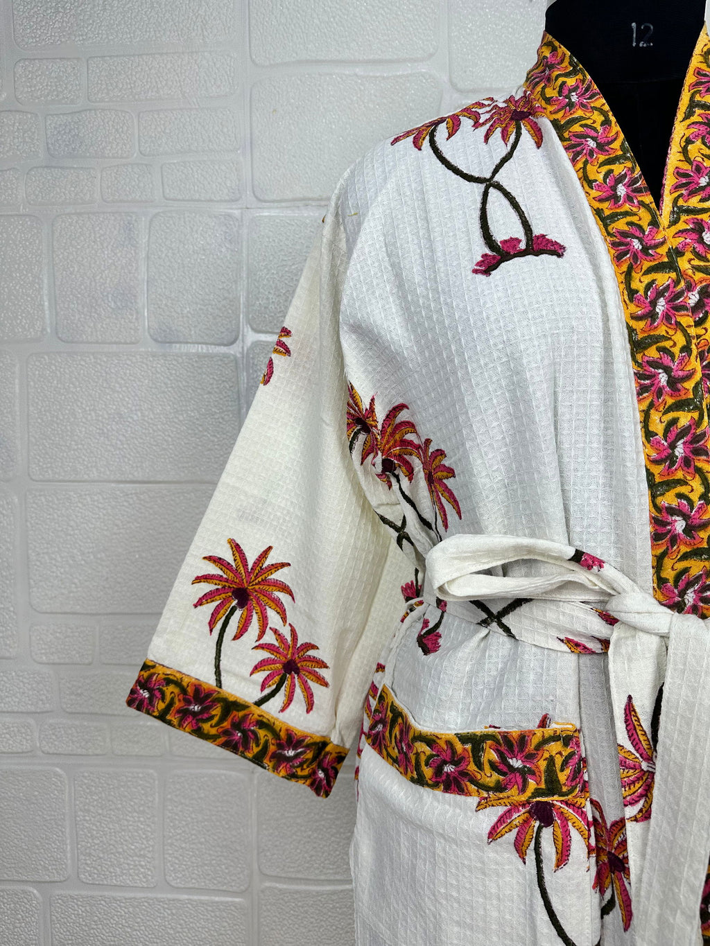 Women's block-printed Cotton Kimono Robe in floral