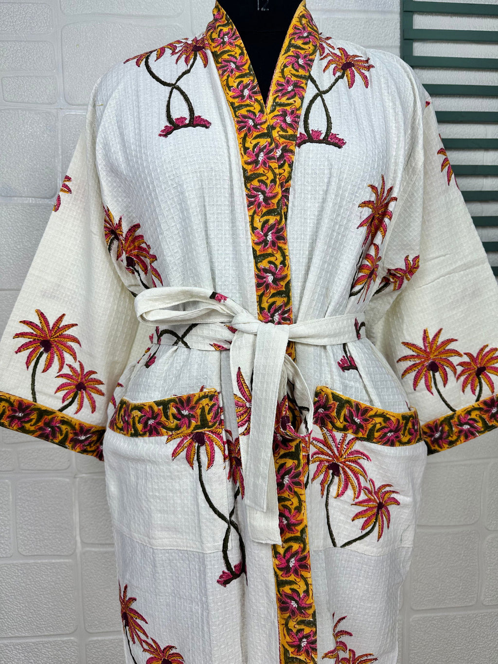 Women's block-printed Cotton Kimono Robe in floral