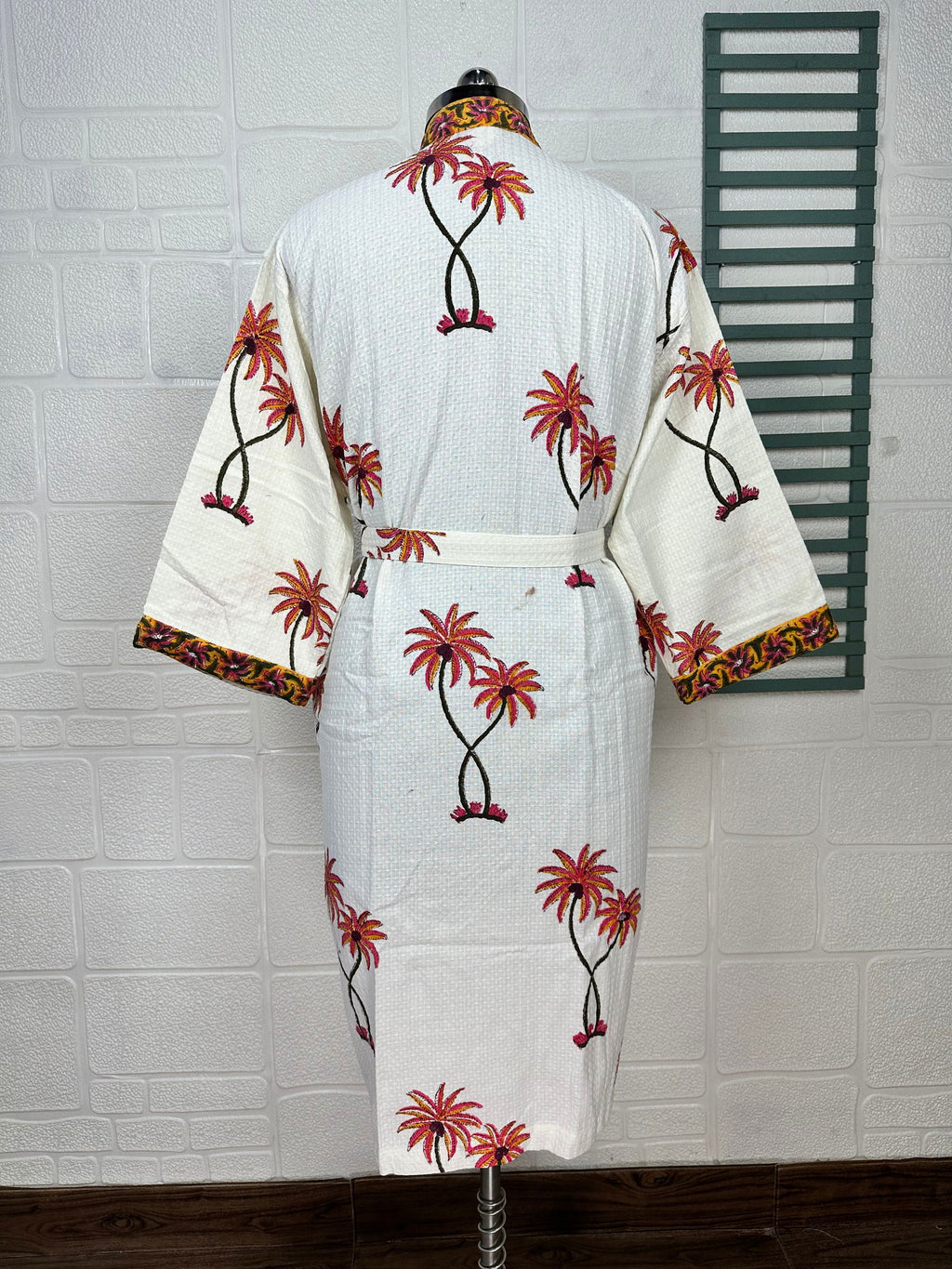 Women's block-printed Cotton Kimono Robe in floral