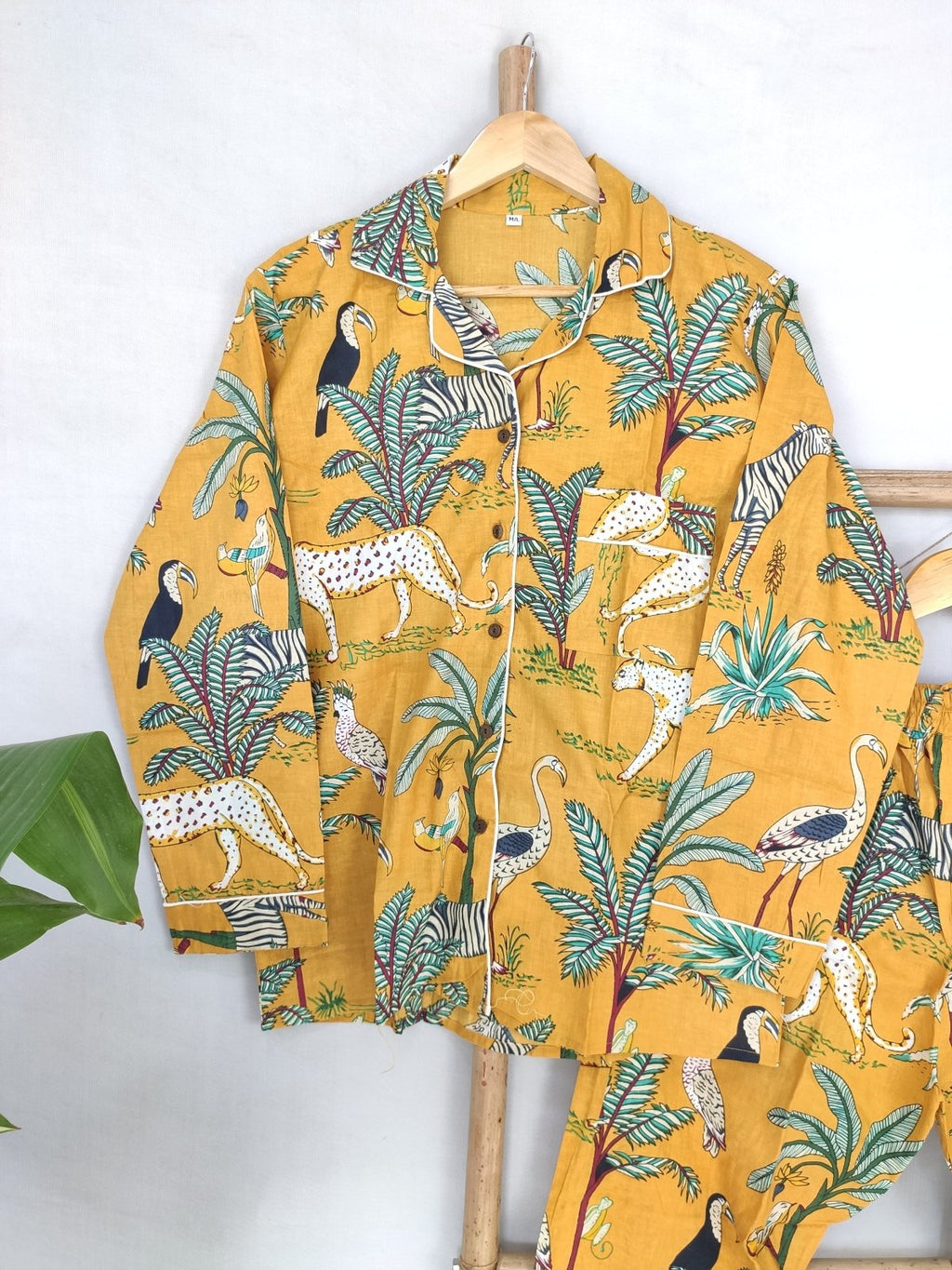 block-printed Cotton Pajama Set in mustard animal print