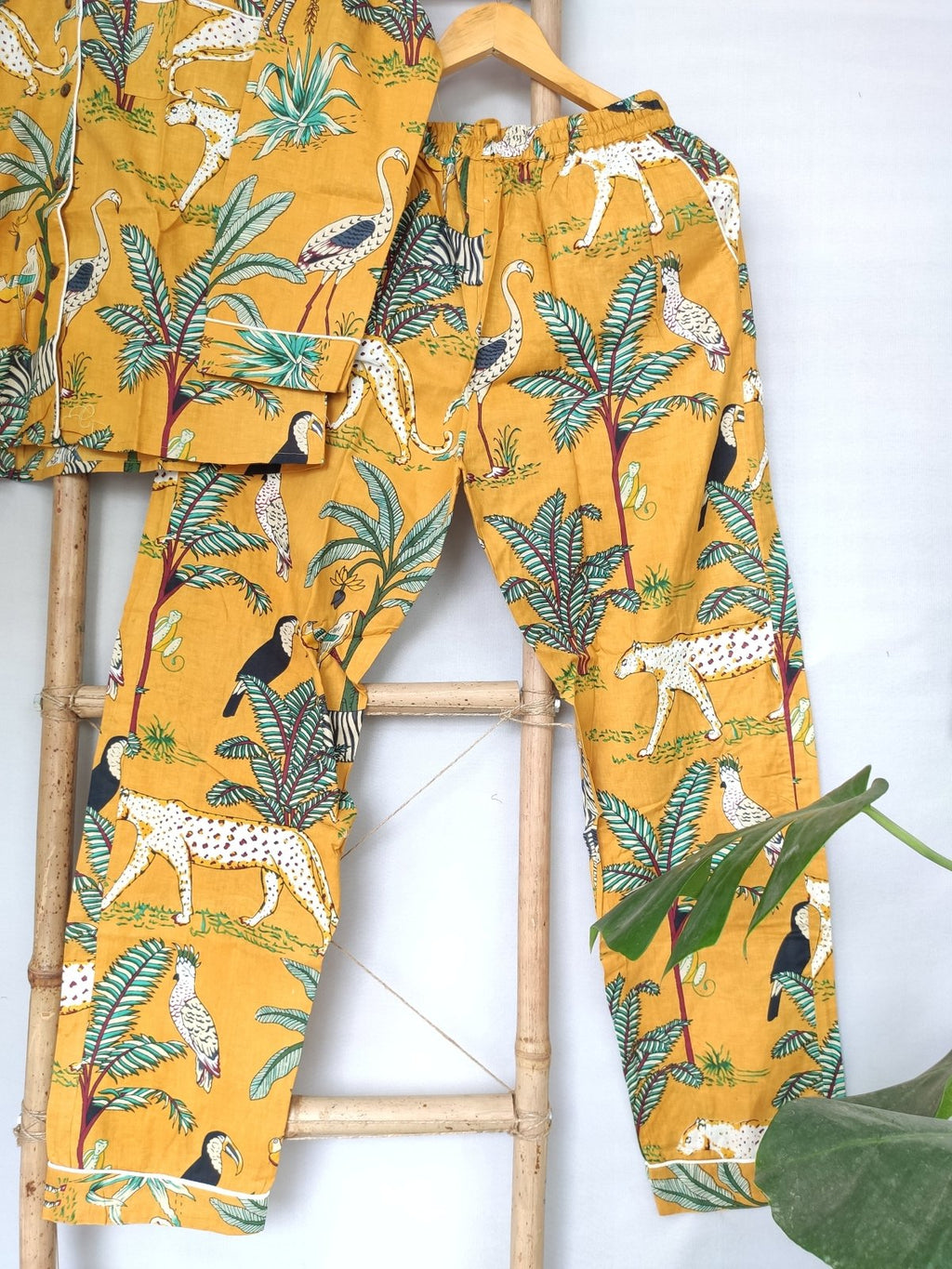 block-printed Cotton Pajama Set in mustard animal print