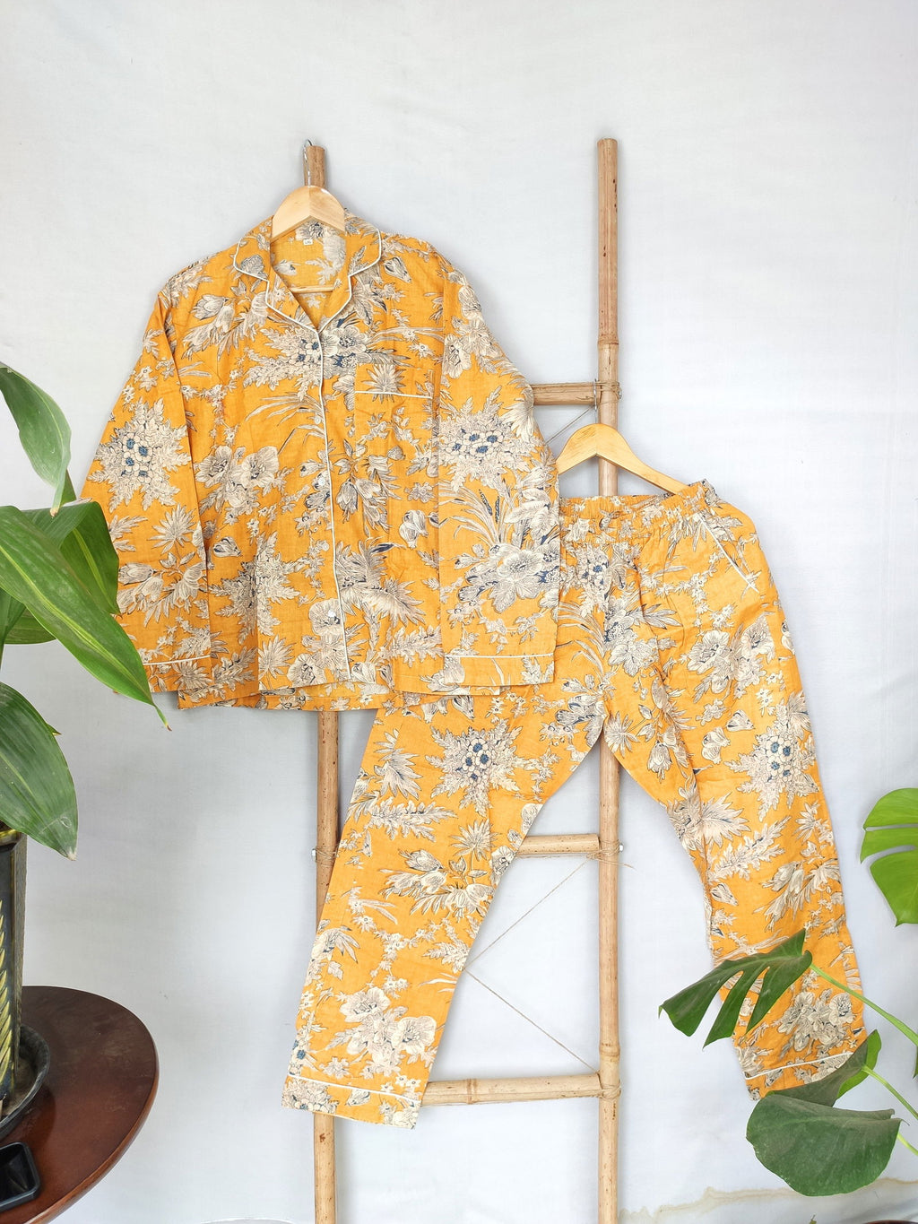 block-printed Cotton Pajama Set in yellow floral