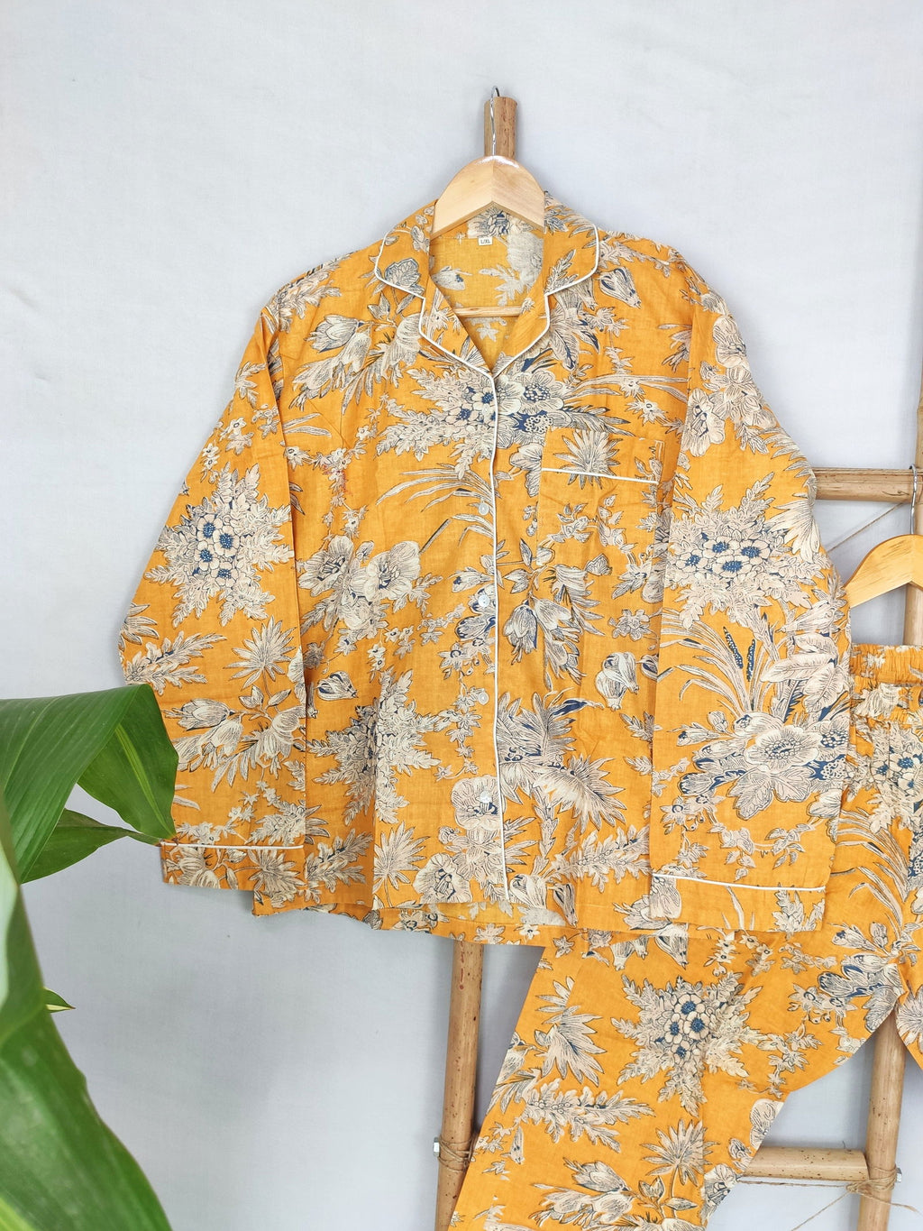 block-printed Cotton Pajama Set in yellow floral