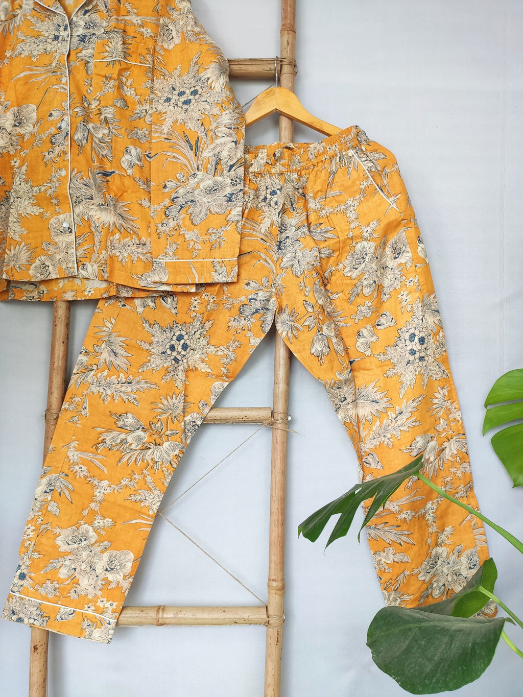 block-printed Cotton Pajama Set in yellow floral