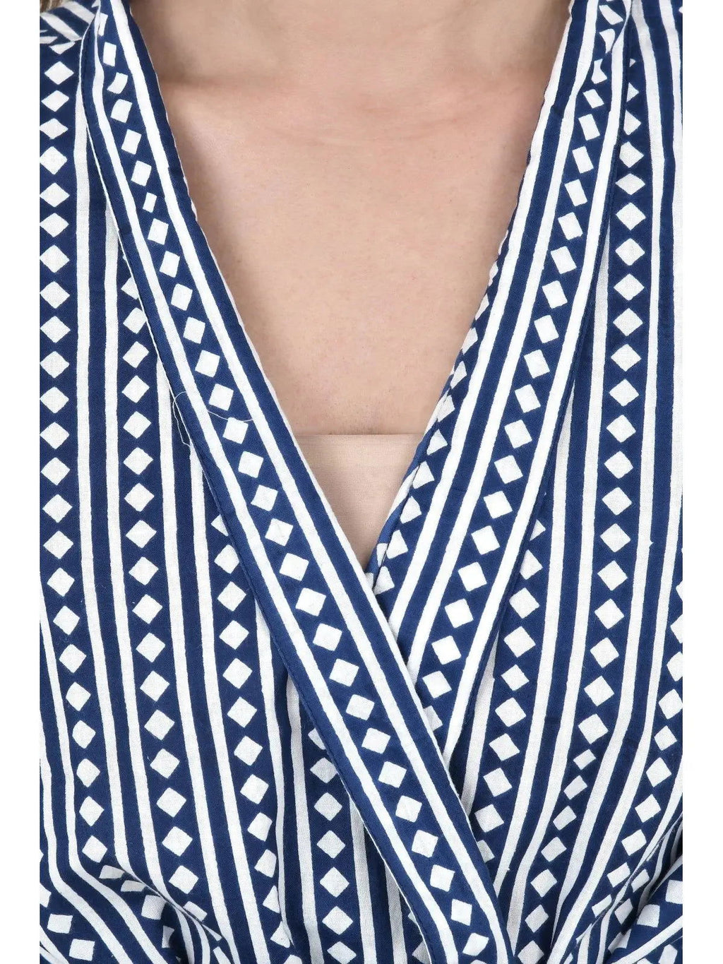 Women's block-printed Cotton Kimono Robe in blue diamond