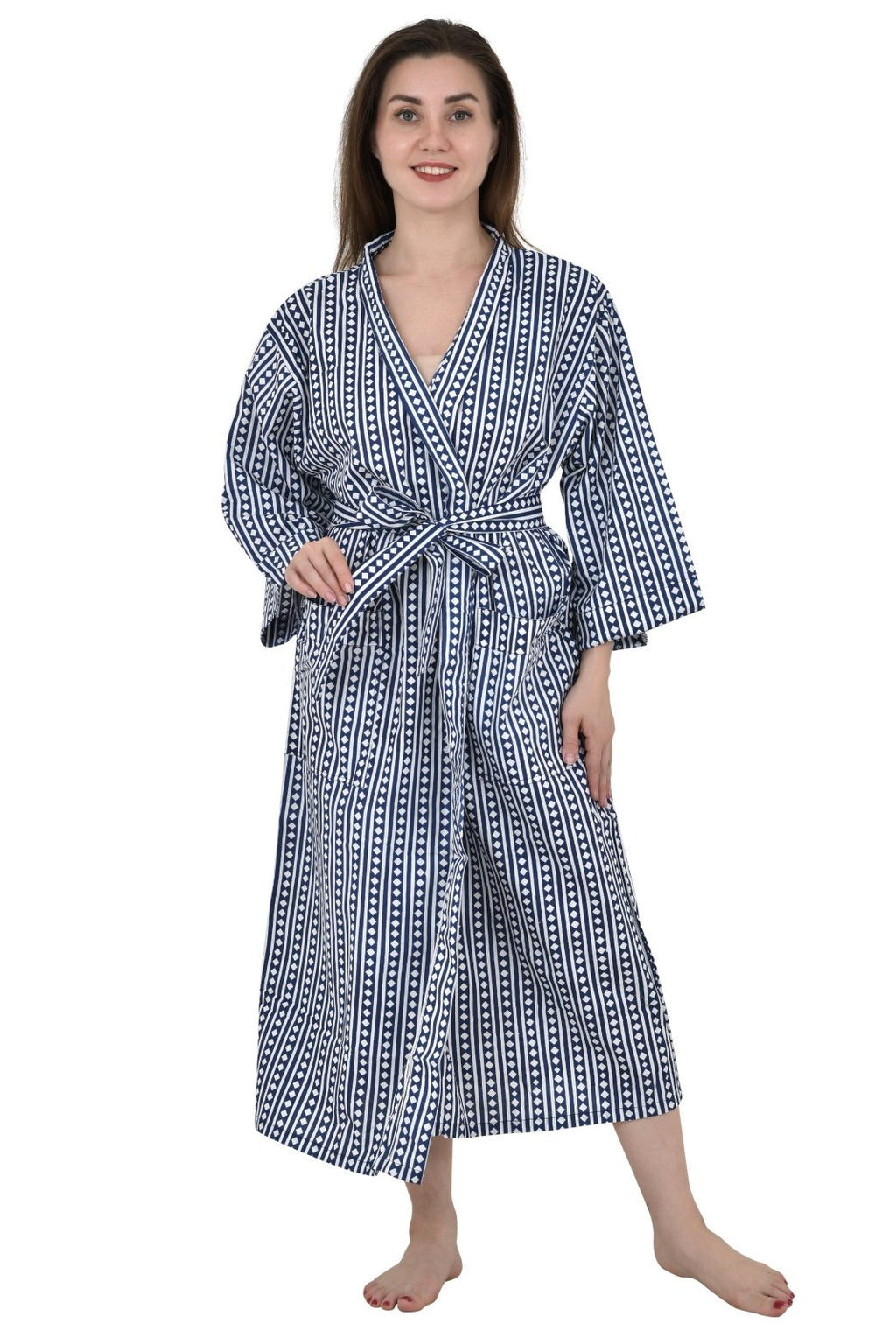 Women's block-printed Cotton Kimono Robe in blue diamond