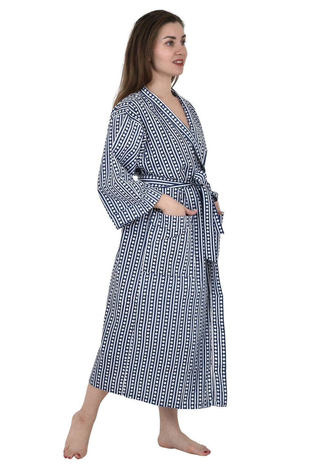Women's block-printed Cotton Kimono Robe in blue diamond