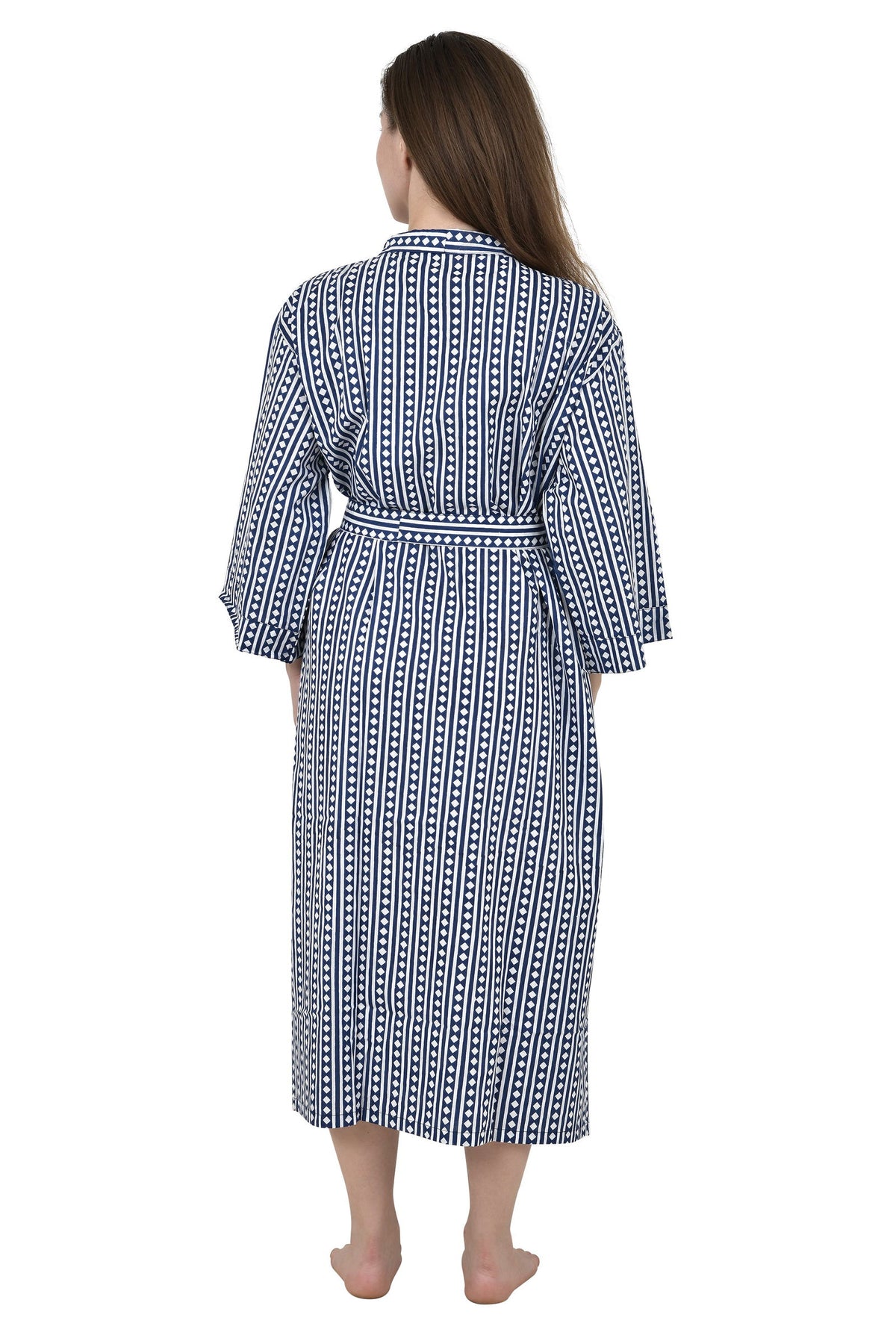 Women's block-printed Cotton Kimono Robe in blue diamond