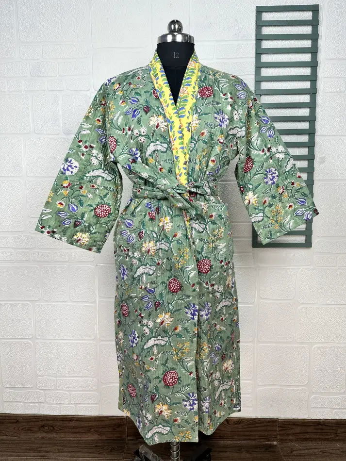 Unisex reversible Kantha-stitched block-printed Cotton Kimono Robe in green striped