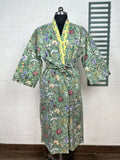 Unisex reversible Kantha-stitched block-printed Cotton Kimono Robe in green striped
