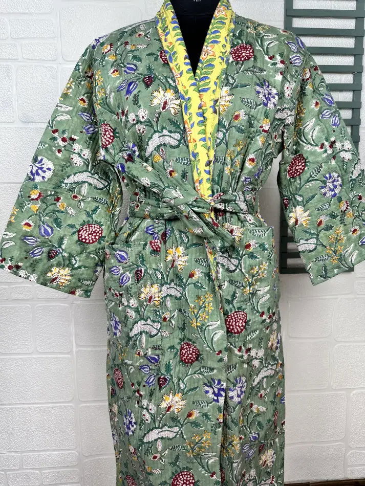 Unisex reversible Kantha-stitched block-printed Cotton Kimono Robe in green striped