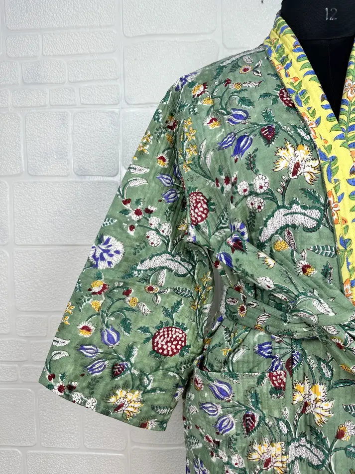 Unisex reversible Kantha-stitched block-printed Cotton Kimono Robe in green striped