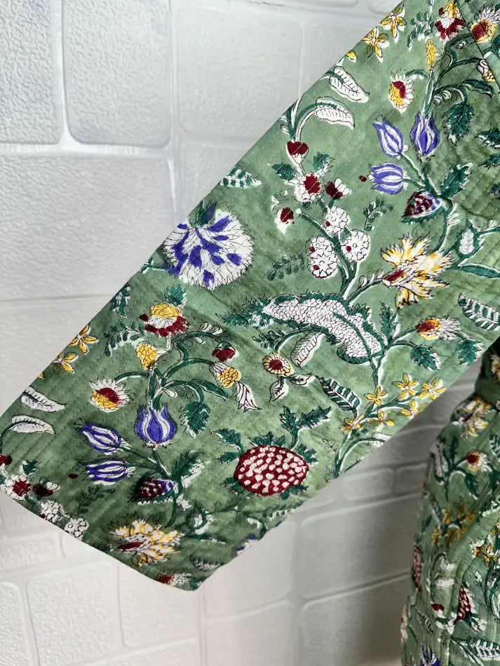 Unisex reversible Kantha-stitched block-printed Cotton Kimono Robe in green striped