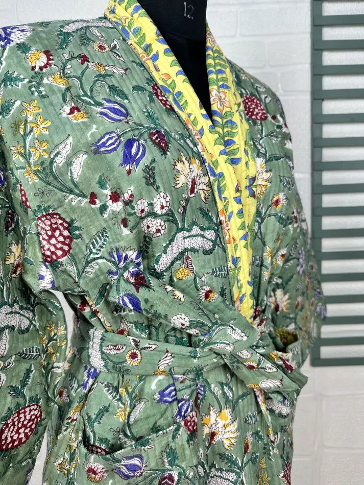 Unisex reversible Kantha-stitched block-printed Cotton Kimono Robe in green striped