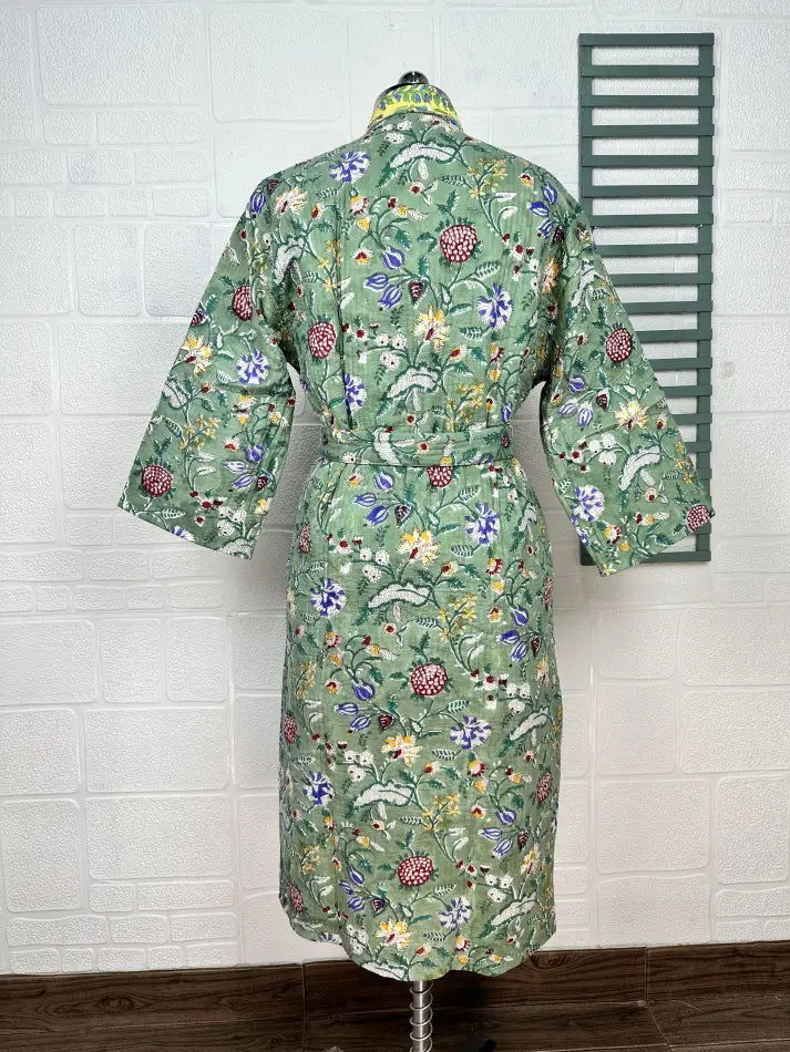 Unisex reversible Kantha-stitched block-printed Cotton Kimono Robe in green striped