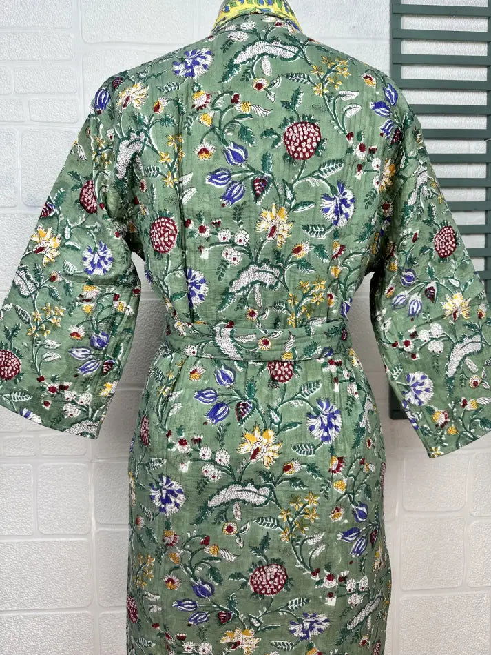 Unisex reversible Kantha-stitched block-printed Cotton Kimono Robe in green striped