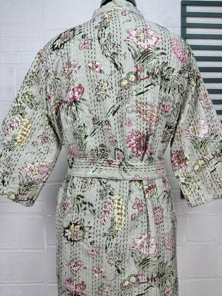 Women's reversible Kantha-stitched Cotton Short Jacket in grey pink floral