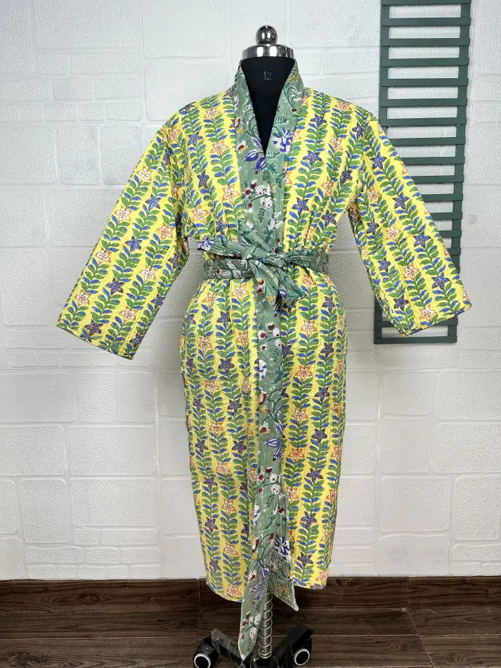 Unisex reversible Kantha-stitched block-printed Cotton Kimono Robe in green striped