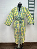 Unisex reversible Kantha-stitched block-printed Cotton Kimono Robe in green striped