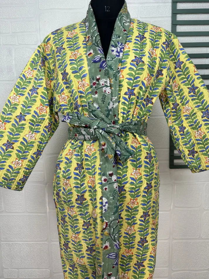 Unisex reversible Kantha-stitched block-printed Cotton Kimono Robe in green striped