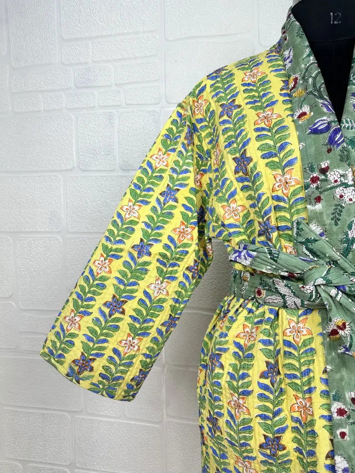 Unisex reversible Kantha-stitched block-printed Cotton Kimono Robe in green striped