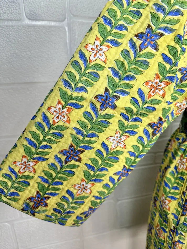 Unisex reversible Kantha-stitched block-printed Cotton Kimono Robe in green striped