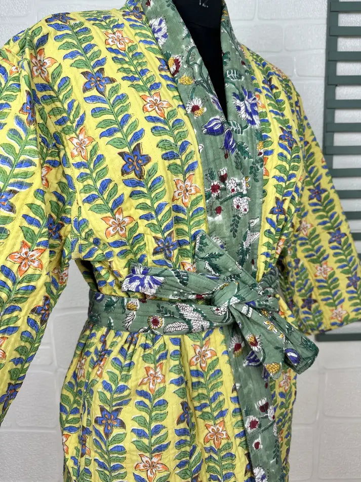 Unisex reversible Kantha-stitched block-printed Cotton Kimono Robe in green striped