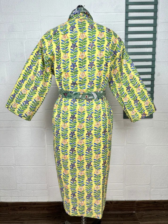 Unisex reversible Kantha-stitched block-printed Cotton Kimono Robe in green striped