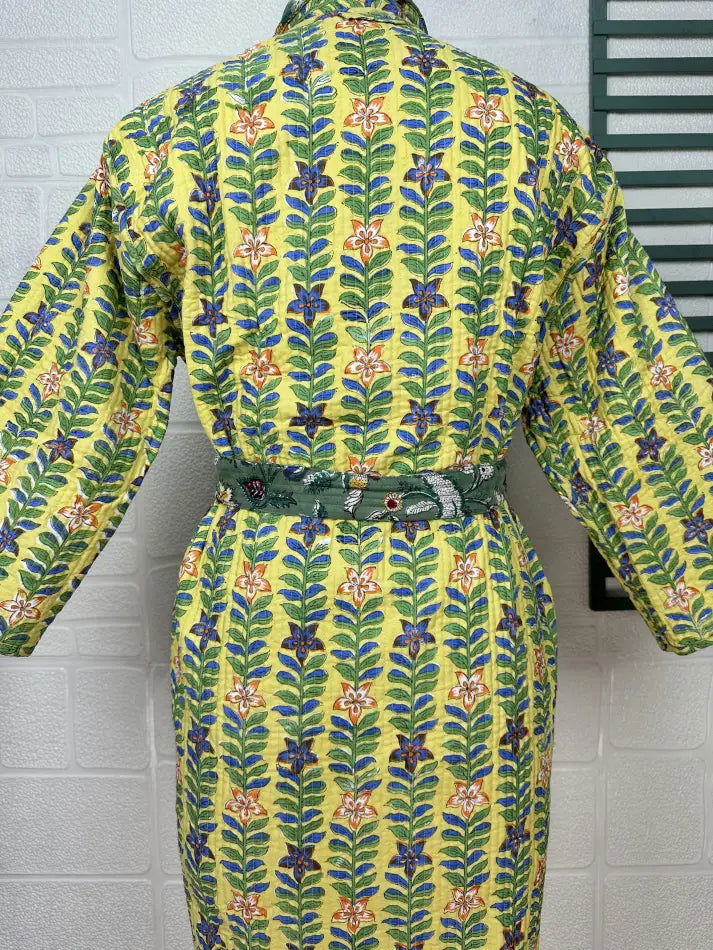 Unisex reversible Kantha-stitched block-printed Cotton Kimono Robe in green striped