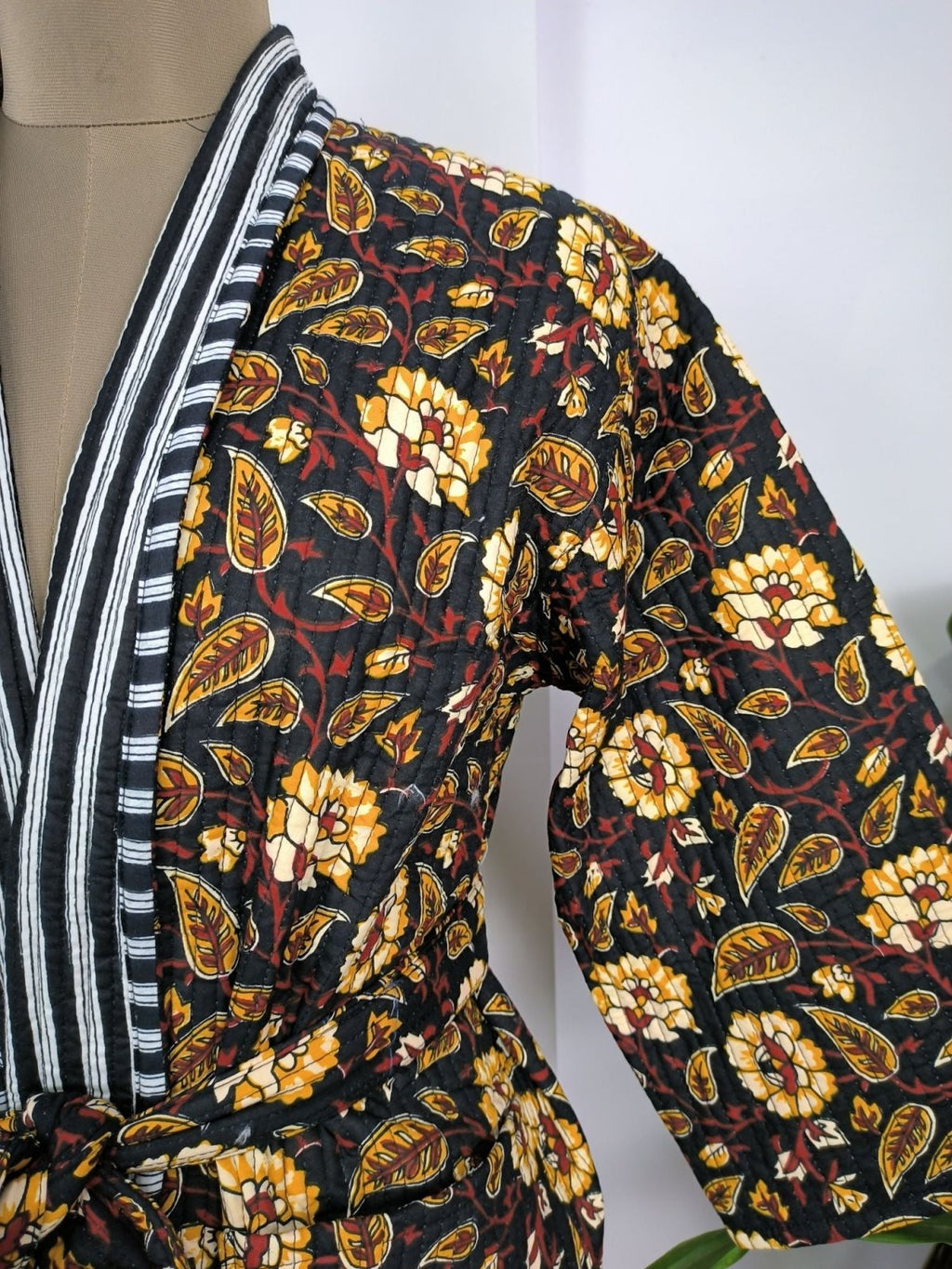 Women's reversible Kantha-stitched Cotton Long Kimono Robe in black mustard floral