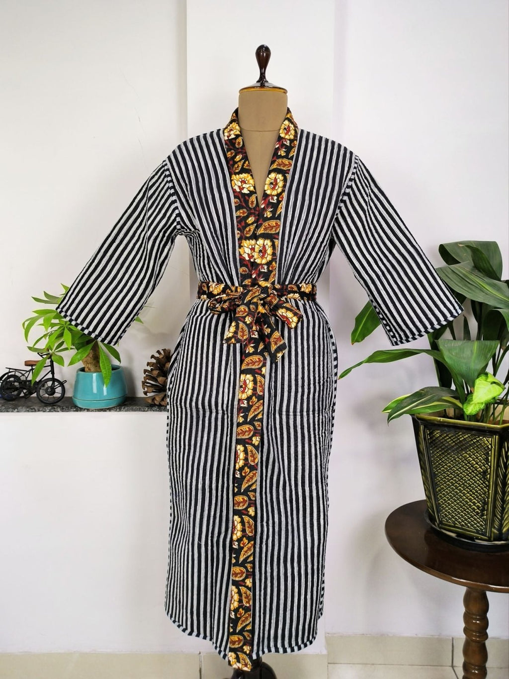 Women's reversible Kantha-stitched Cotton Long Kimono Robe in black mustard floral