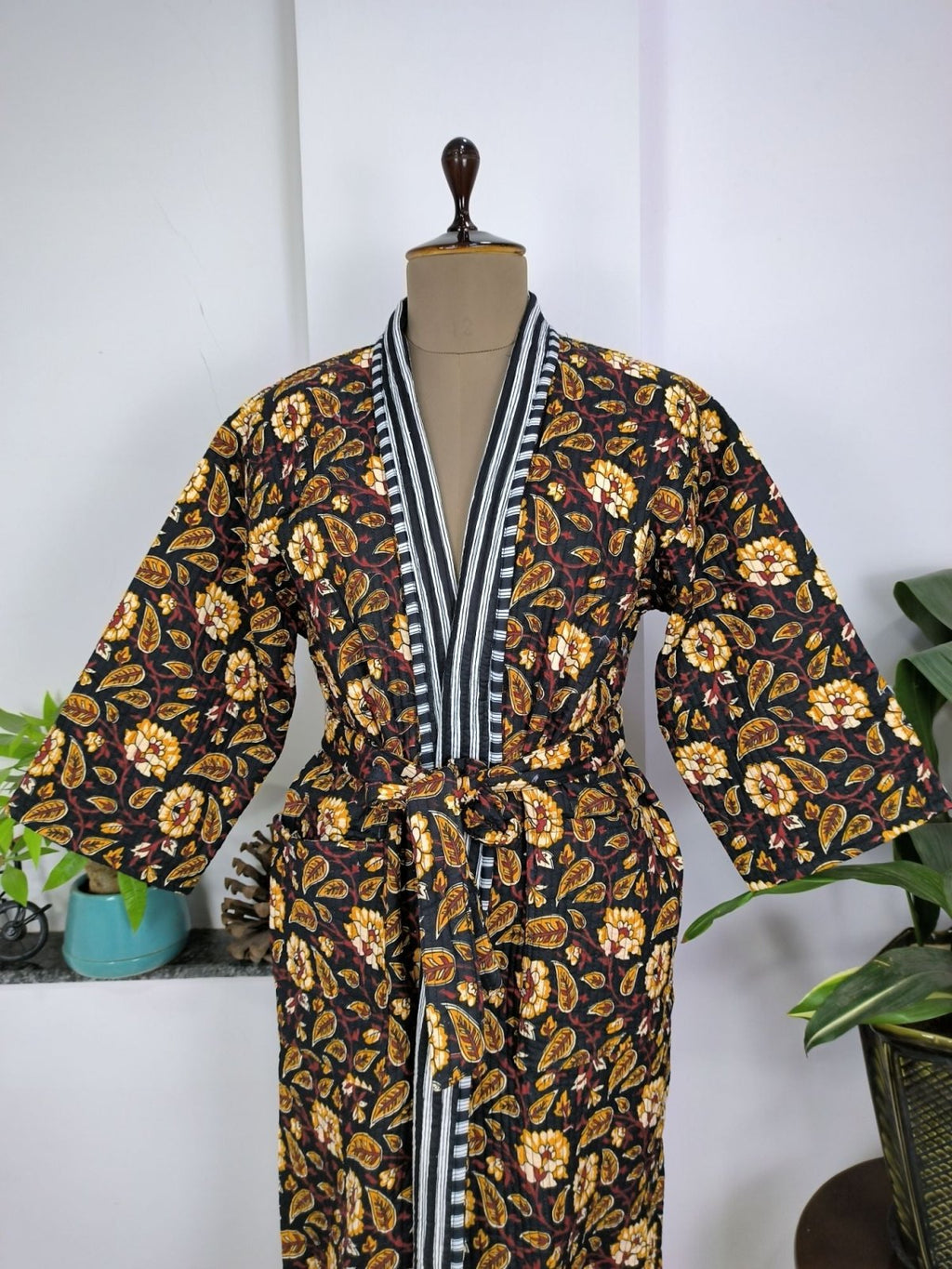 Women's reversible Kantha-stitched Cotton Long Kimono Robe in black mustard floral