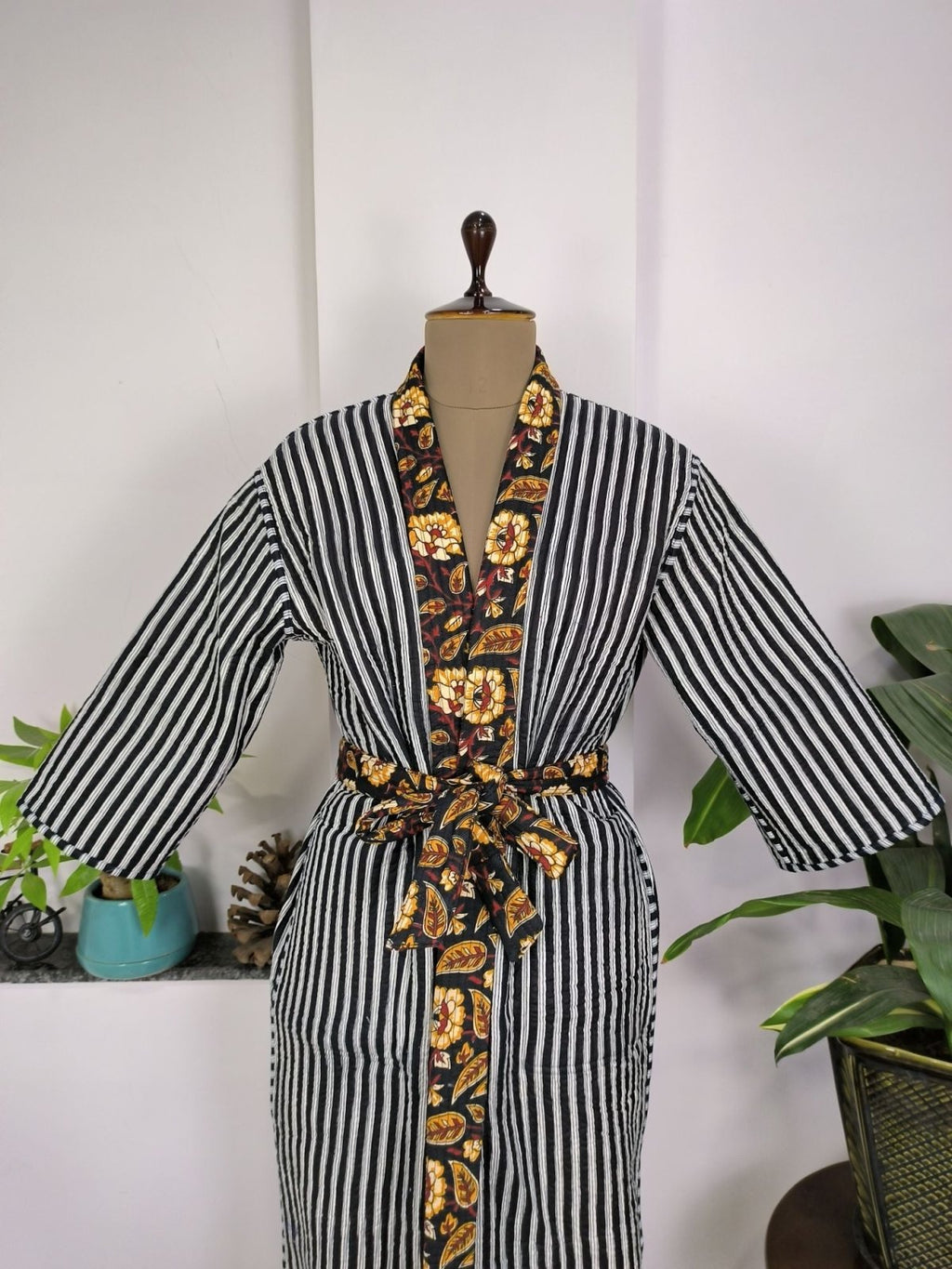 Women's reversible Kantha-stitched Cotton Long Kimono Robe in black mustard floral