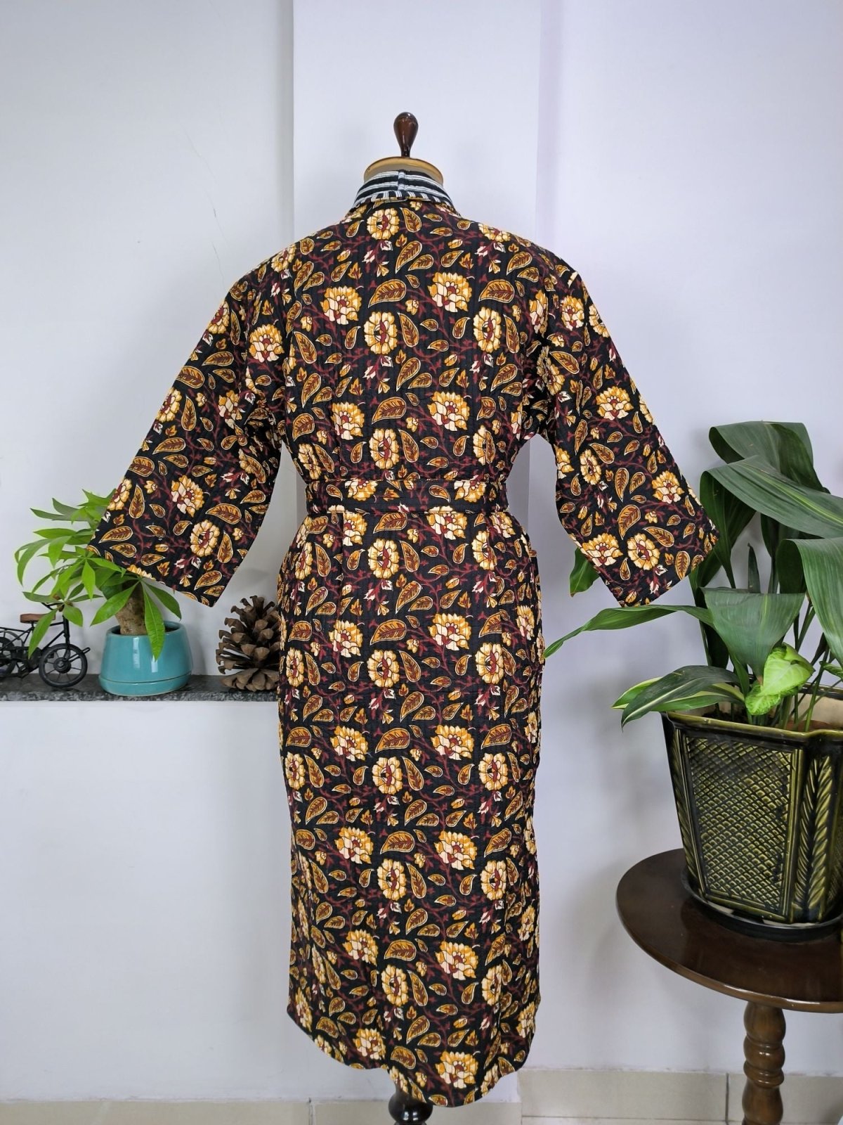 Women's reversible Kantha-stitched Cotton Long Kimono Robe in black mustard floral
