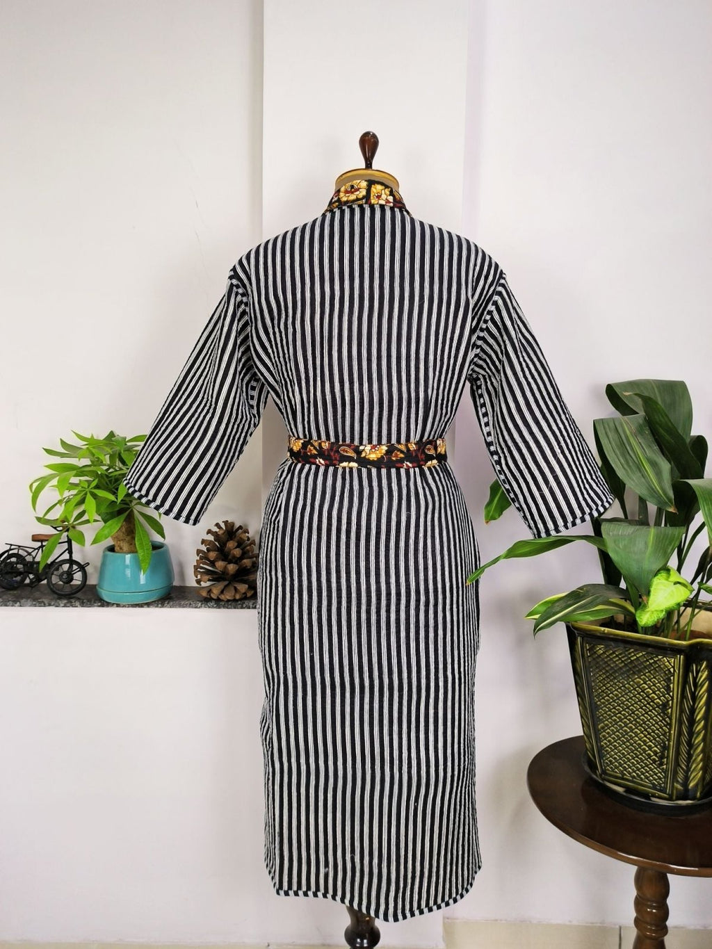 Women's reversible Kantha-stitched Cotton Long Kimono Robe in black mustard floral