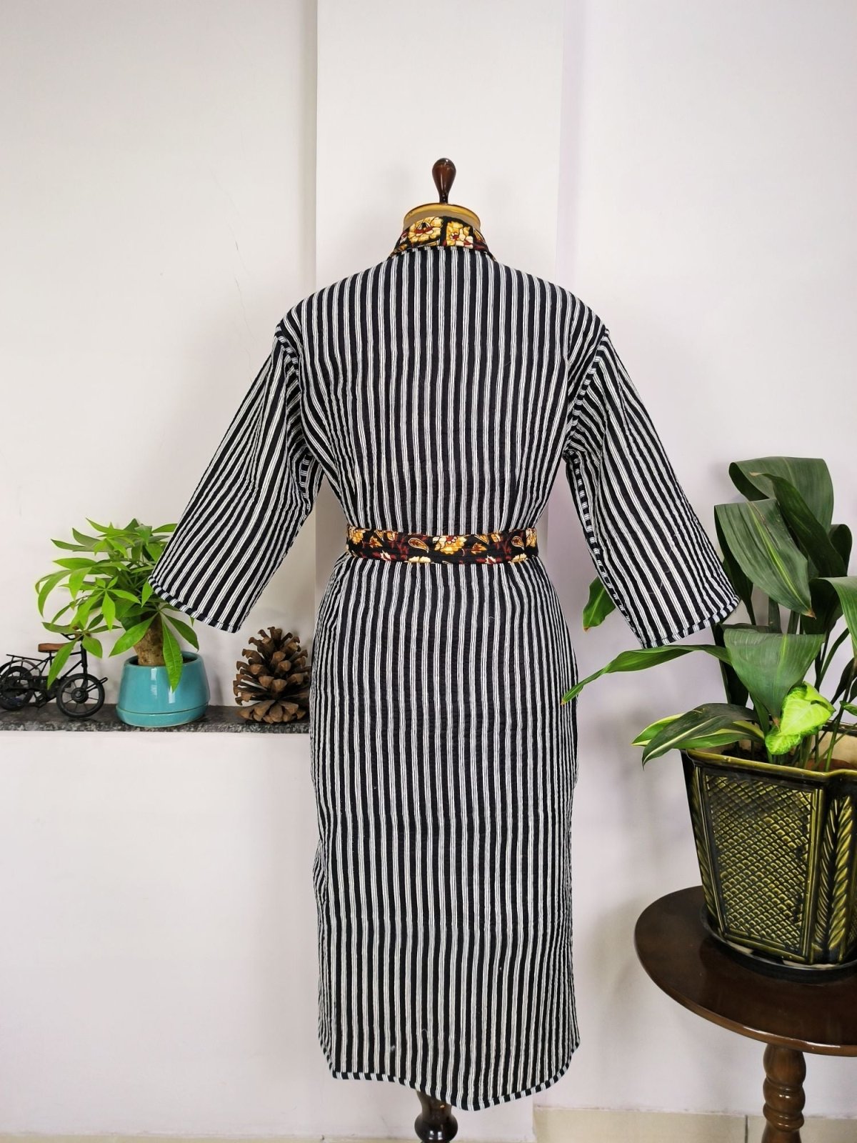 Women's reversible Kantha-stitched Cotton Long Kimono Robe in black mustard floral