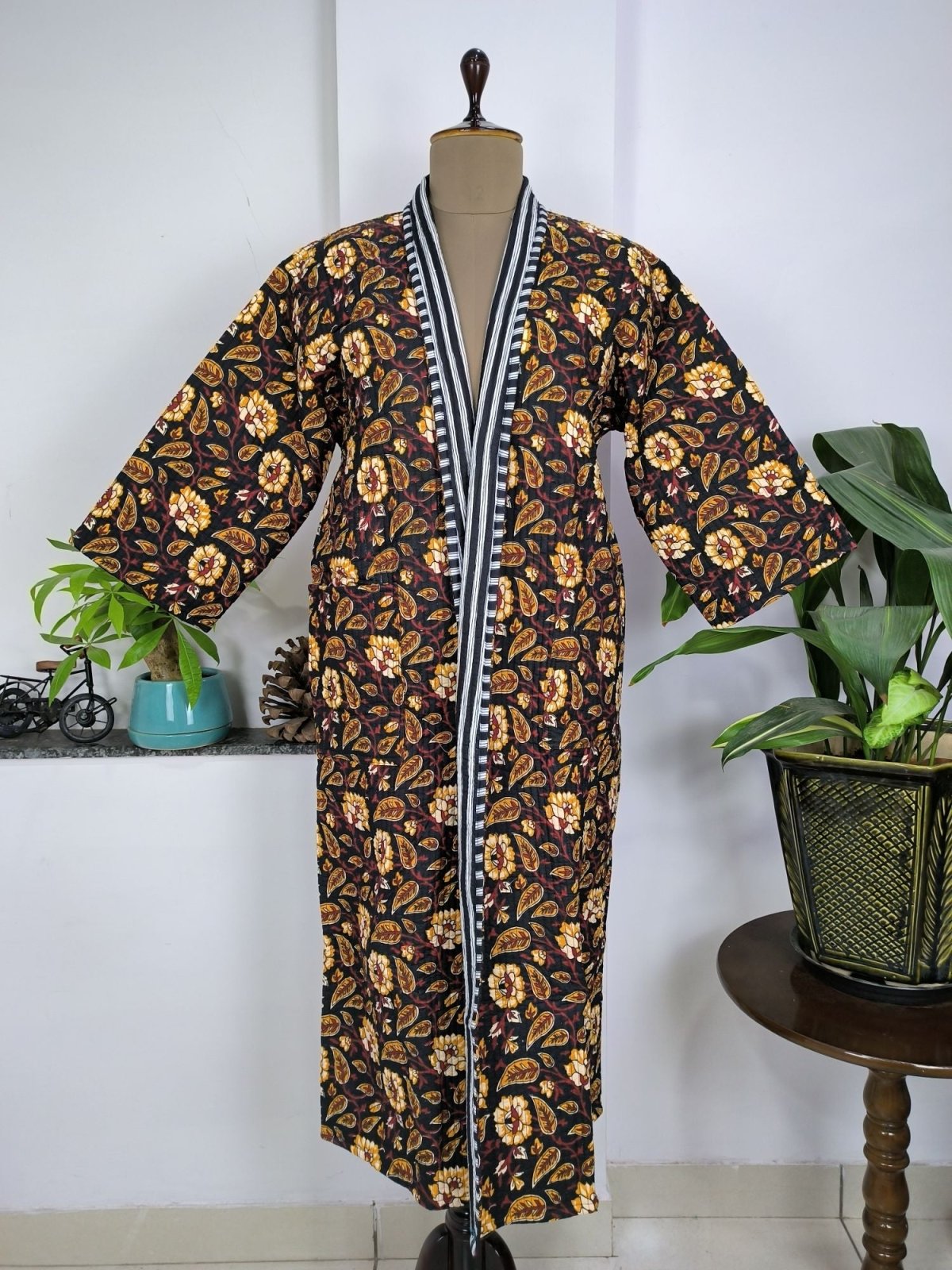 Women's reversible Kantha-stitched Cotton Long Kimono Robe in black mustard floral