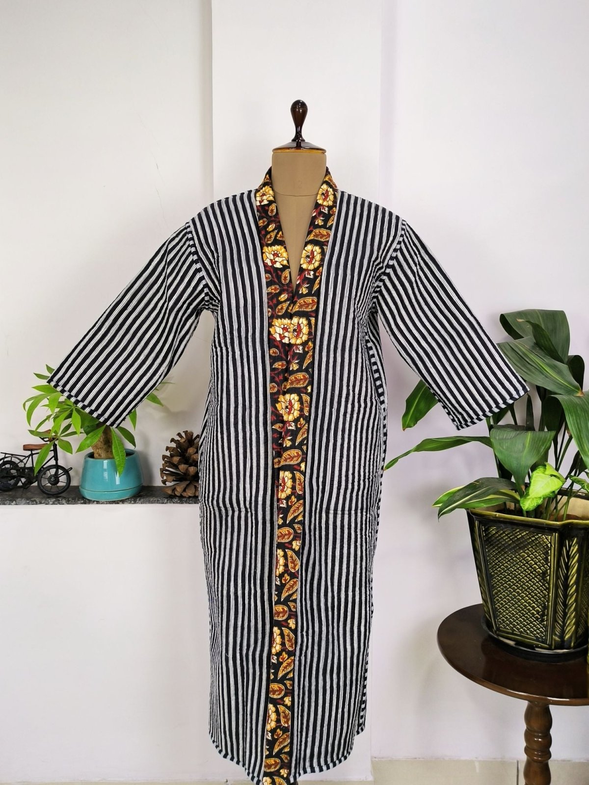 Women's reversible Kantha-stitched Cotton Long Kimono Robe in black mustard floral