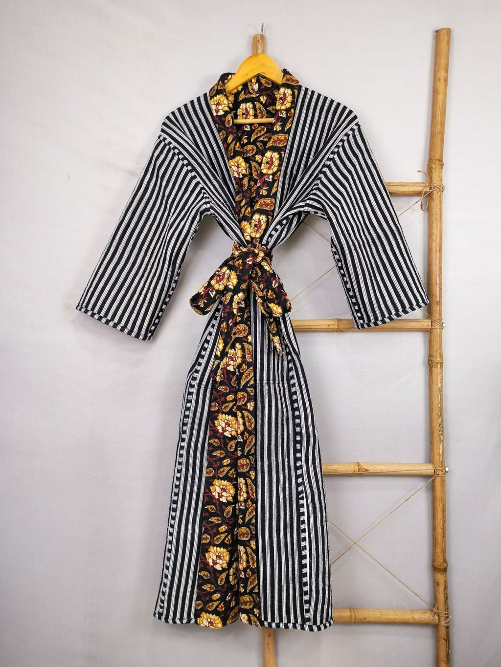 Women's reversible Kantha-stitched Cotton Long Kimono Robe in black mustard floral