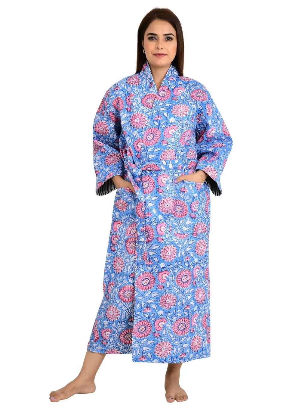 Women's reversible Kantha-stitched Cotton Long Kimono Robe in blue pink floral
