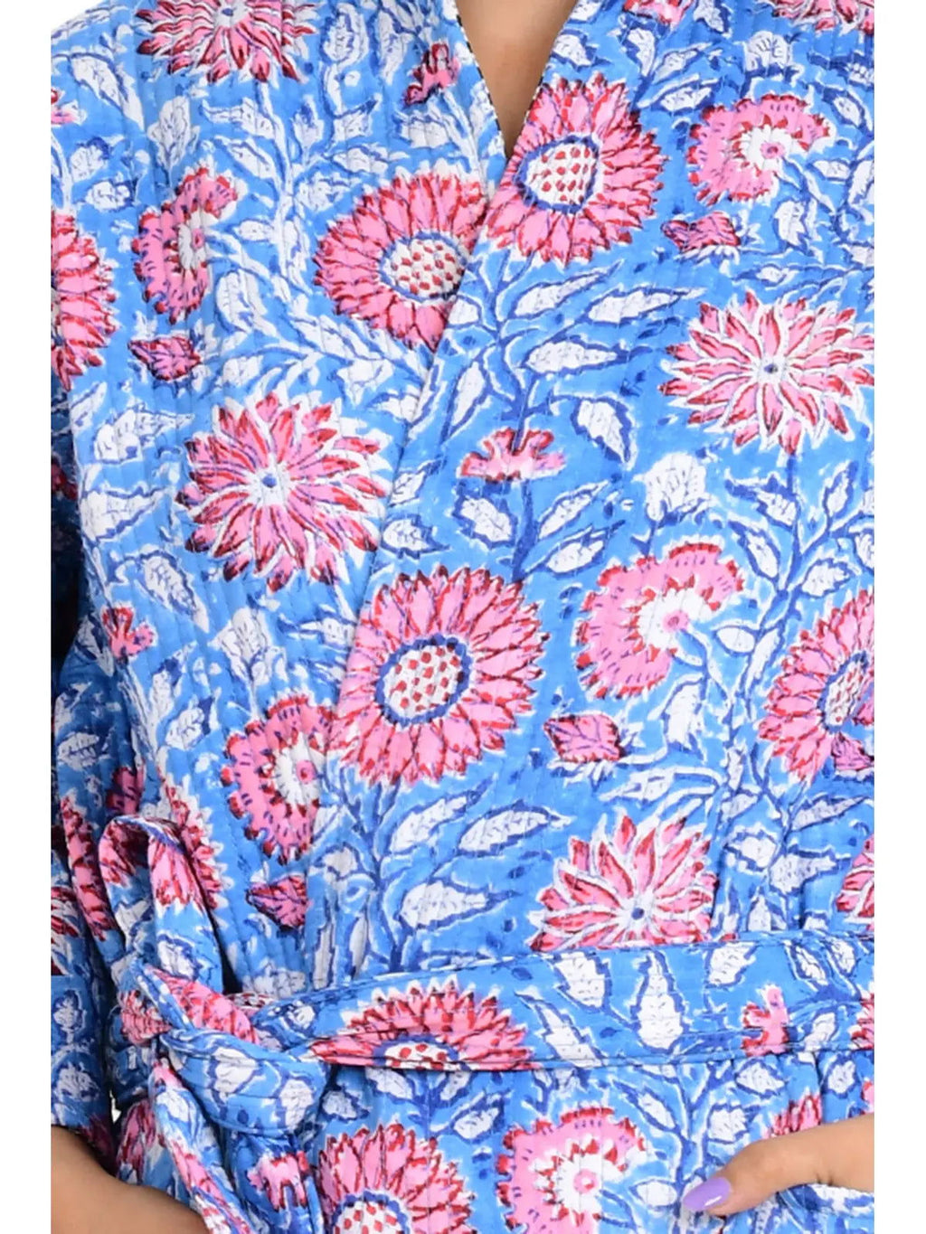 Women's reversible Kantha-stitched Cotton Long Kimono Robe in blue pink floral