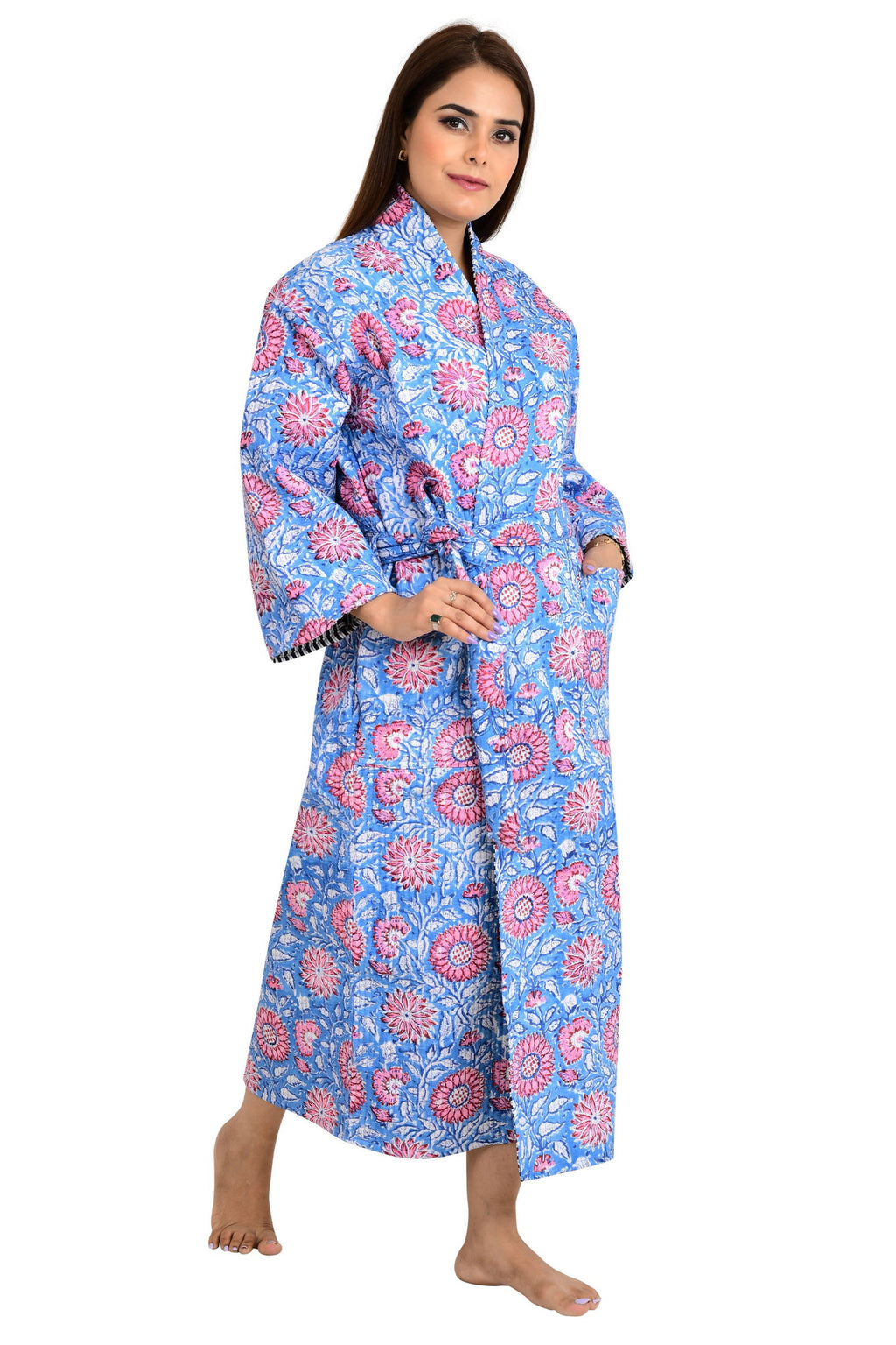 Women's reversible Kantha-stitched Cotton Long Kimono Robe in blue pink floral