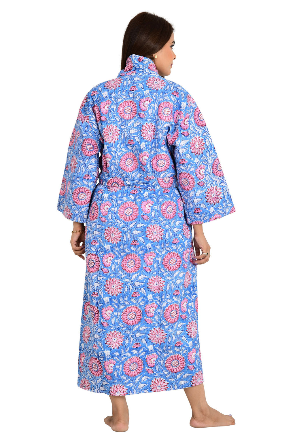 Women's reversible Kantha-stitched Cotton Long Kimono Robe in blue pink floral