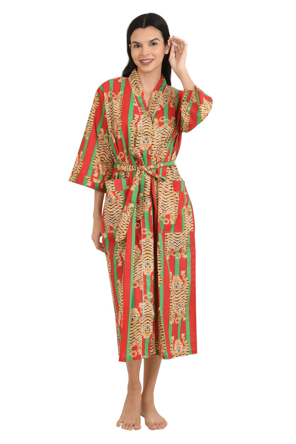 block-printed Kimono Robe in cheetah