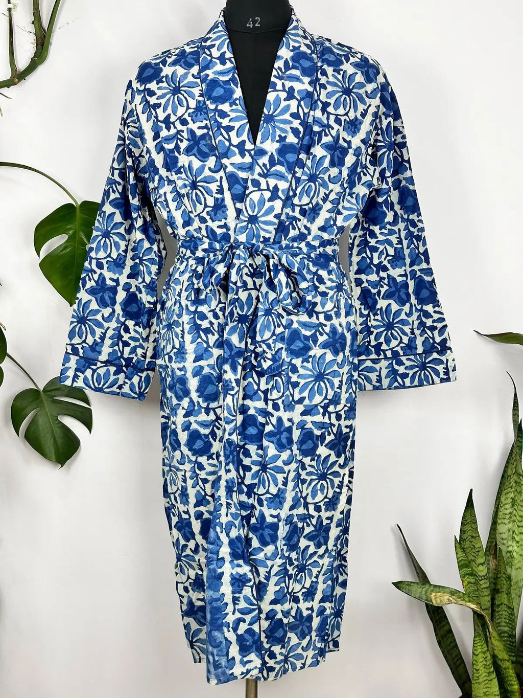 Men's block-printed Cotton Kimono Robe in white blue indigo floral