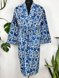 Men's block-printed Cotton Kimono Robe in white blue indigo floral