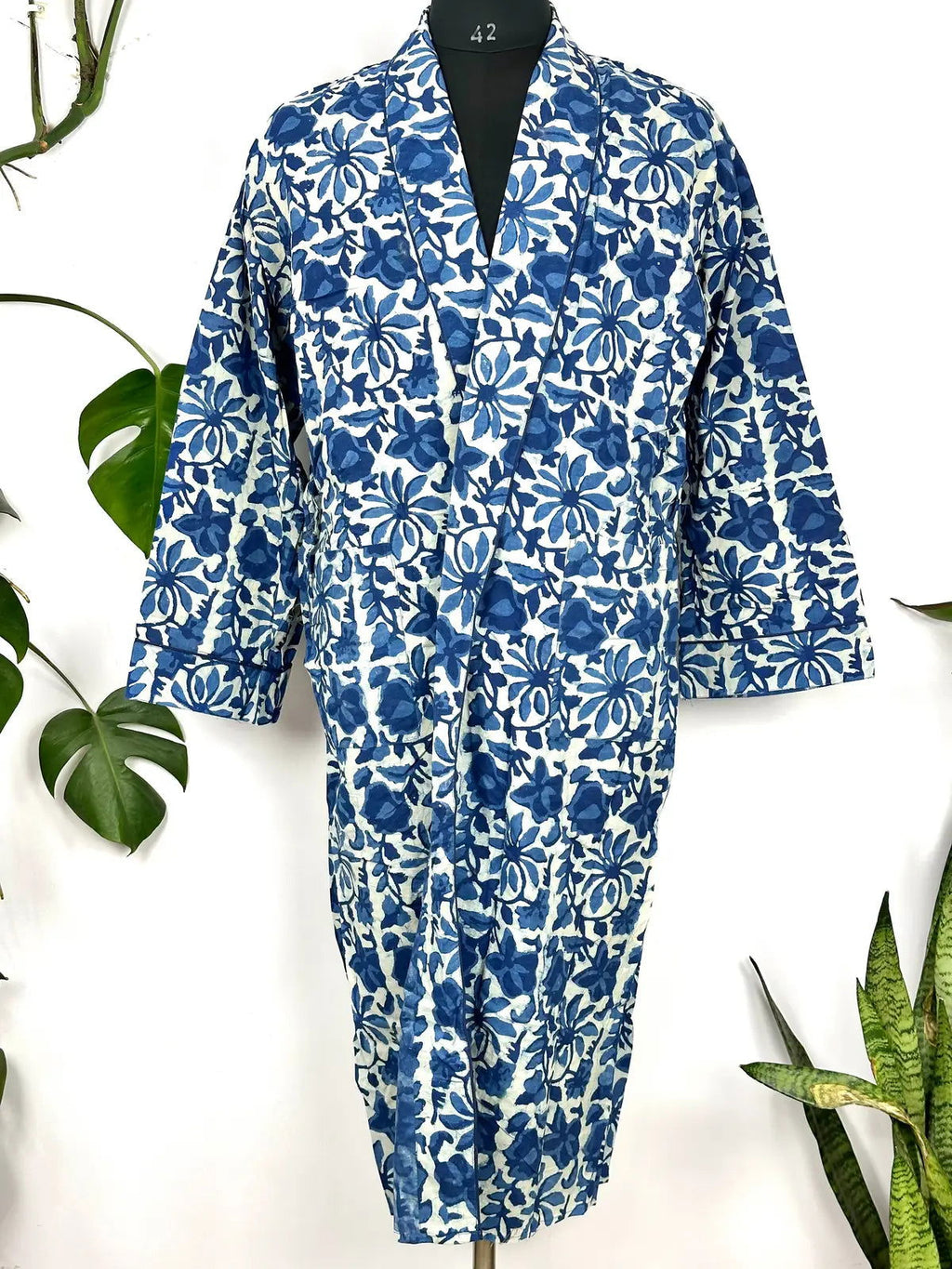 Men's block-printed Cotton Kimono Robe in white blue indigo floral
