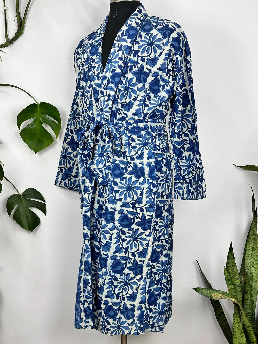 Men's block-printed Cotton Kimono Robe in white blue indigo floral