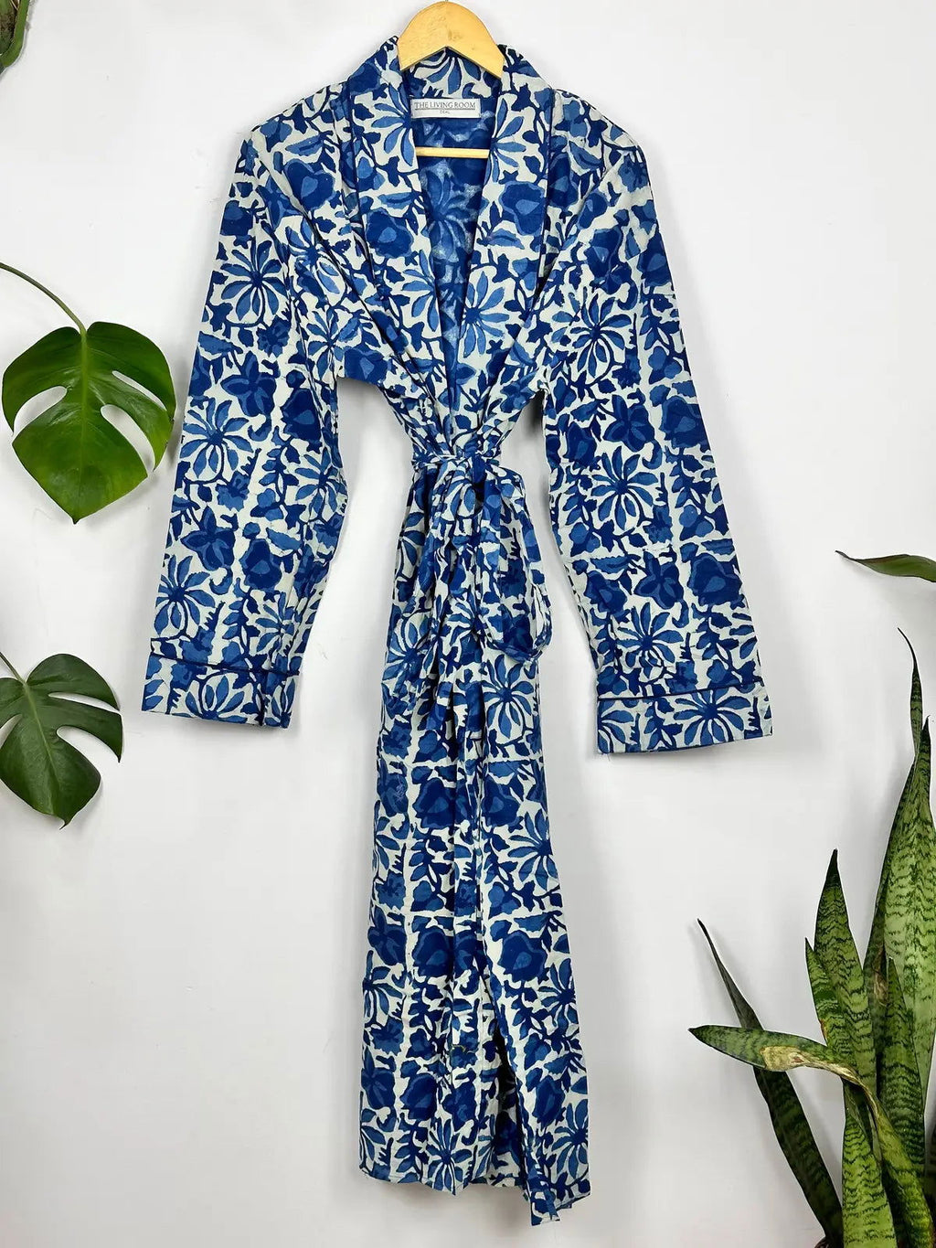 Men's block-printed Cotton Kimono Robe in white blue indigo floral