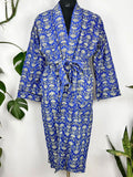 Men's block-printed Cotton Kimono Robe in blue white lotus